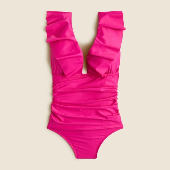 J.Crew Women’s Ruched Ruffle One-Piece Swimsuit BP222 Size 14 In Radiant Fuchsia - Picture 1 of 4